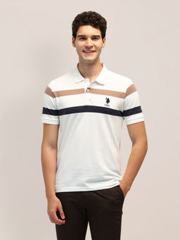 U.S. POLO ASSN. - Men Stripes White Half Sleeves Collar Neck Polo T-Shirt