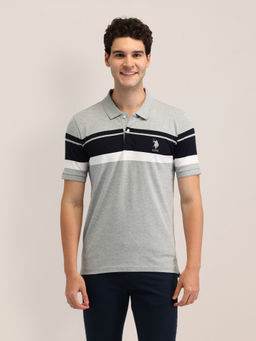 U.S. POLO ASSN. - Men Stripes Grey Half Sleeves Collar Neck Polo T-Shirt