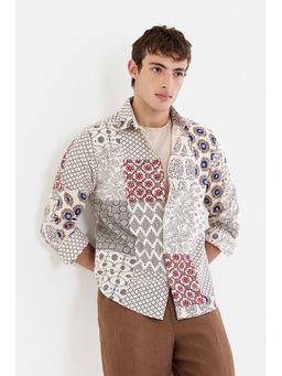Snitch - Off White Patchwork Full Sleeves Regular Casual Shirt