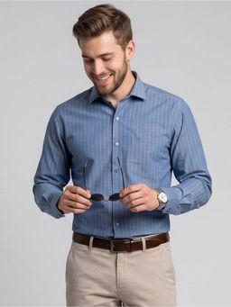 Charagh Din - Blue Cotton REGULAR FIT STRIPES Formal Shirt