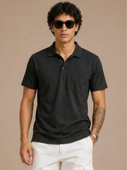 Charagh Din - Black Knit Regular Fit Plain Casual Polo T-Shirt