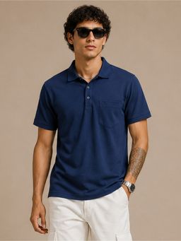 Charagh Din - Navy Blue Knit Regular Fit Plain Casual Polo T-Shirt