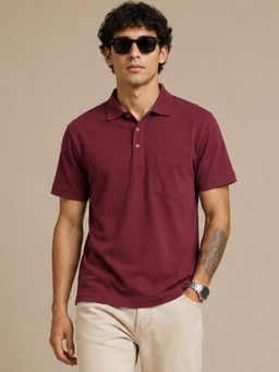 Charagh Din - Wine Knit Regular Fit Plain Casual Polo T-Shirt