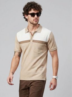 Charagh Din - Beige Blended Regular Fit Colorblock Casual Polo T-Shirt