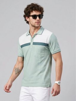 Charagh Din - Green Blended Regular Fit Colorblock Casual Polo T-Shirt
