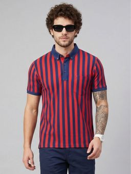Charagh Din - Red Blended Regular Fit Stripes Casual Polo T-Shirt
