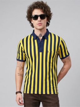 Charagh Din - Yellow Blended Regular Fit Stripes Casual Polo T-Shirt