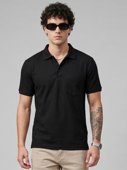 Charagh Din - Black Blended Regular Fit Textured Casual Polo T-Shirt