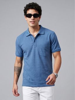 Charagh Din - Blue Blended Regular Fit Textured Casual Polo T-Shirt