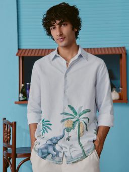 Andamen - Blue Men Cotton Linen Printed Regular Fit Shirt