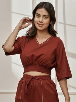 Vastramay - Women Maroon Cambric Cotton V-Neck Crop Yoga Top