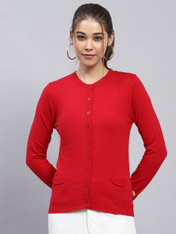 Monte Carlo - Women's Solid Red Round Neck Cardigan