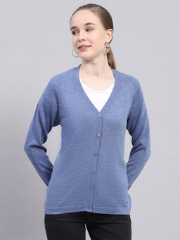 Monte Carlo - Women's Solid Blue V-Neck Cardigan