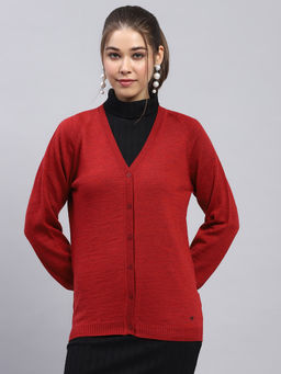 Monte Carlo - Women's Solid Maroon V-Neck Cardigan