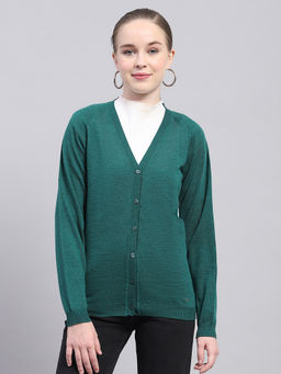 Monte Carlo - Women's Solid Green V-Neck Cardigan