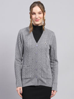 Monte Carlo - Women's Self Design Grey V-Neck Cardigan