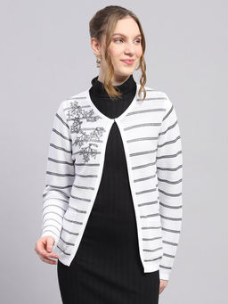 Monte Carlo - Women's Stripes White Round Neck Cardigan
