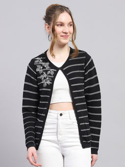 Monte Carlo - Women's Stripes Black Round Neck Cardigan