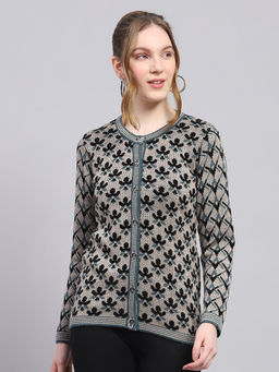 Monte Carlo - Women's Self Design Blue Round Neck Cardigan