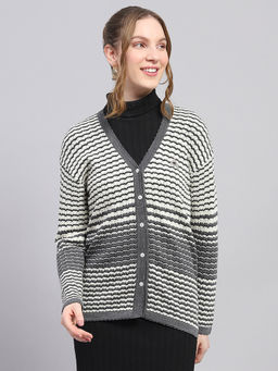 Monte Carlo - Women's Stripes Grey V-Neck Cardigan