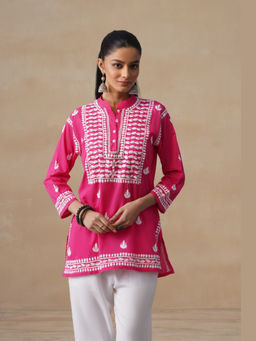 House of Chikankari - Pink Pure Cotton Chikankari Womens Short Kurta