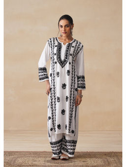 House of Chikankari - White Rayon Chikankari Long Kurta with Palazzo