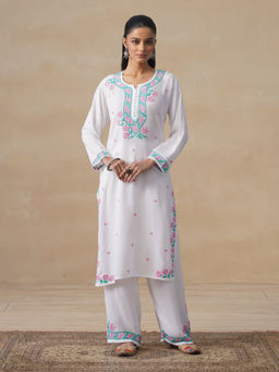 House of Chikankari - White Rayon Chikankari Long Kurta with Pant