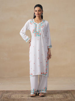 House of Chikankari - White Rayon Chikankari Womens Long Kurta with Pant