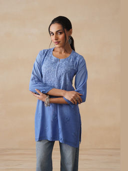House of Chikankari - Blue Rayon Chikankari Womens Short Kurta