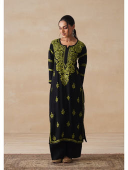 House of Chikankari - Black Rayon Chikankari Womens Long Kurta