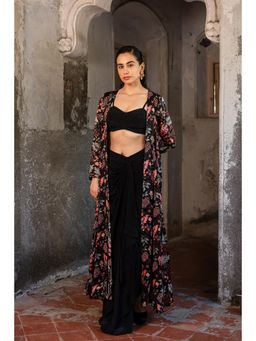 Sshilpa Samriya - Black Floral Printed Jacket with Drape Skirt and Bustier (Set of 3)