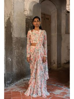 Sshilpa Samriya - Ivory Ruffle Hand Embellished Pre Draped Saree with Stitched Blouse