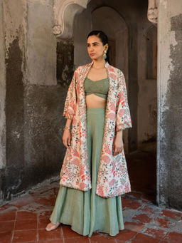 Sshilpa Samriya - Green Floral Printed Jacket with Bustier and Palazzo (Set of 3)