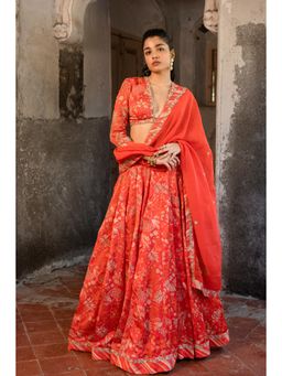 Sshilpa Samriya - A Tomato Red Embroidered Lehenga with Blouse and Dupatta (Set of 3)