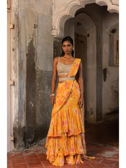 Sshilpa Samriya - Embroidered Layer Pre-Draped Saree with Belt and Stitched Blouse