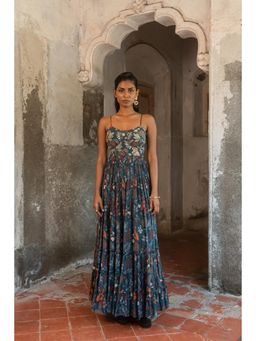 Sshilpa Samriya - A Printed Teal Blue Embellished Maxi Dress