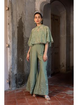 Sshilpa Samriya - A Pista Green Side Cut Cape with Pant and Bustier (Set of 3)