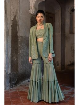 Sshilpa Samriya - A Green Embroidered Blazer with Bustier and Sharara (Set of 3)
