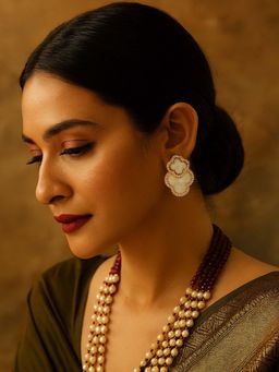 Digital Dress Room - White Fresh Water Pearl Earrings Four Leaf Clover Design For Women