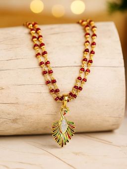 Digital Dress Room - Gold Plated Long Necklace Peacock Design Multi-Color Beads 2 Line Mala/Chain For Women