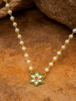 Digital Dress Room - Multi-Color Gold Plated Long Necklace Kundan Flower Design Pearl Beads Mala For Women