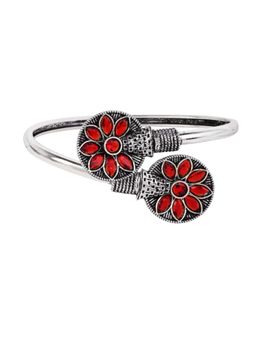 I Jewels - Red Floral Oxidised Stone Studded Bracelet