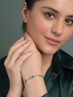 CLARA - Blue 925 Silver Pravya Hand Mangalsutra Adjustable Bracelet with Black Beads Chain