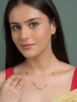 CLARA - White 925 Silver Rimsha Leafy Mangalsutra Tanmaniya Pendant with Black Beads Chain