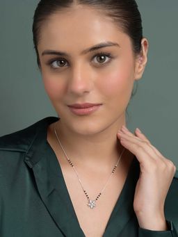 CLARA - White 925 Silver Nayma Flower Mangalsutra Tanmaniya Pendant with Black Beads Chain