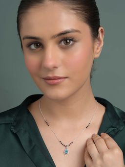 CLARA - Blue Silver Drishti Teardrop Mangalsutra Tanmaniya Pendant with Black Beads Chain