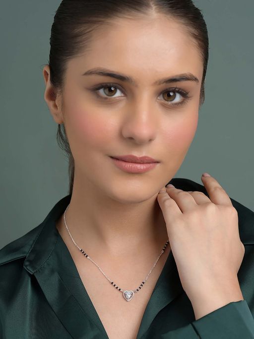 CLARA White 925 Silver Shanvika Heart Solitaire Mangalsutra Pendant with Black Beads Chain
