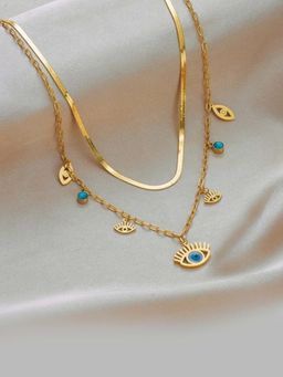 Peachy Accessories - Evil Eye Layered Snake Chain Necklace - 18K Gold Plated For Women