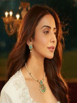 Accessher - Blue Gold-Plated Crescent Moon, Pearls Stones Necklace With Earnings