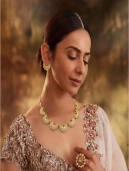 Accessher - White Gold-Plated Crescent Moon, Pearls, Stones Necklace With Earnings